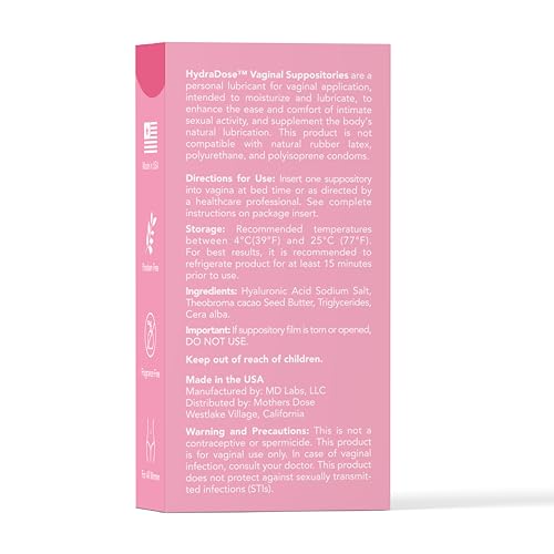 Mother's Dose Hyaluronic Acid 5mg Suppository HydraDose- Hormone Free Moisturizer for Vaginal Dryness-USA Made, 1 Month Supply- 10 Inserts