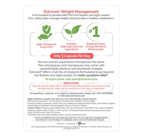 Estroven Weight Management for Menopause Relief - 30 Ct. - Clinically Proven Ingredients Help Manage Weight, Provide Night Sweats & Hot Flash Relief* Drug-Free & Gluten-Free Caplets