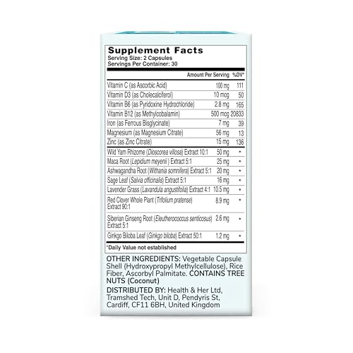 Health & Her Perimenopause Supplement for Women – The UK’s No.1 Perimenopause Supplement - Multi-Nutrient Wellbeing Support for Early Stage of Menopause, Vegan, Gluten-Free, Non GMO (60 ct - 1 Month)