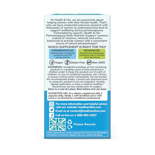 Health & Her Perimenopause Supplement for Women – The UK’s No.1 Perimenopause Supplement - Multi-Nutrient Wellbeing Support for Early Stage of Menopause, Vegan, Gluten-Free, Non GMO (60 ct - 1 Month)