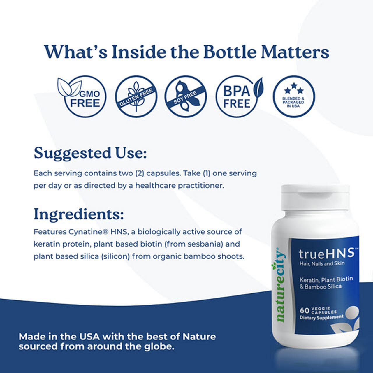 NatureCity True-HNS Hair Nails and Skin Cynatine Keratin and Plant Based Biotin Vitamin Supplement | Fuller and Stronger Hair and Nails | Non GMO | 60 Veggie Capsules