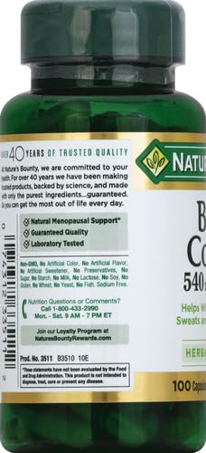 Nature's Bounty Black Cohosh Root Pills and Herbal Health Supplement, Natural Menopausal Support, 540 mg, 100 Capsules (Pack of 2)