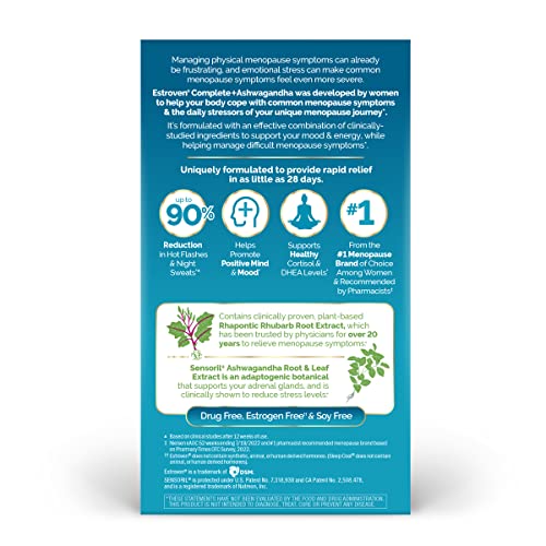 Estroven Complete + Ashwagandha Multi-Symptom Menopause Supplement for Women - 60 Ct. - Clinically Proven Ingredients Provide Menopause Relief & Night Sweats + Hot Flash Relief* - Drug-Free & Non-GMO