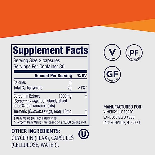 Vimergy Curcumin with Turmeric Supplement, 1000mg Curcumin Extract/Serving – Liquid Capsules - Non-GMO, Gluten-Free, Kosher, Vegan & Paleo Friendly Turmeric Curcumin Supplement