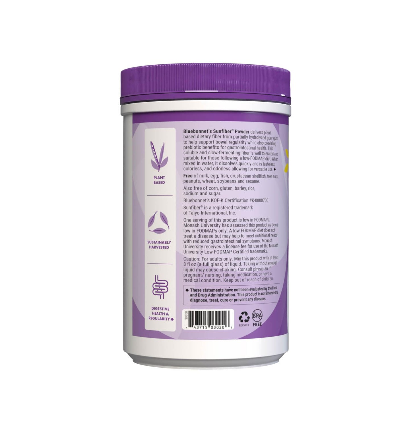BlueBonnet Nutrition Sunfiber – 6 g of Plant Based Prebiotic Soluble Fiber – Supports Digestive Health* - Instant Dissolve – Non-GMO, Vegan, Kosher, Low-FODMAP – Unflavored, 7.4 OZ, 30 Servings
