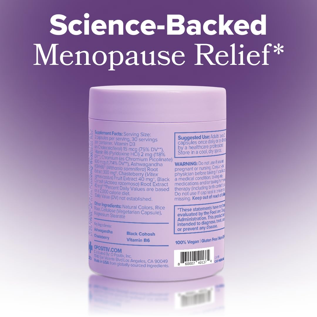 O Positiv MENO Vitamins for Menopause - Hormone-Free Menopause Supplement for Women - Black Cohosh & Ashwagandha KSM-66 - Helps Relieve Hot Flashes, Night Sweats, Mood Swings - 30 Servings (Pack of 1)