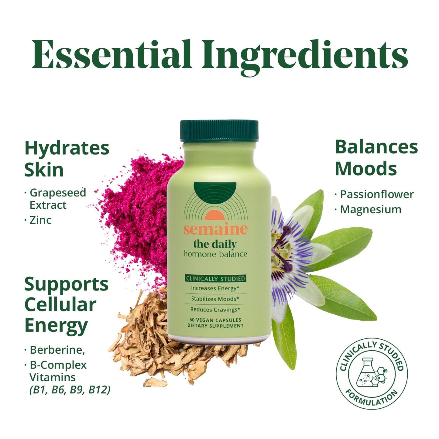 Semaine Daily Hormone Balance – Clearer Skin, Enhanced Moods, Deeper Sleep & Happier Hormones. Hormone-Free, Vegan Capsule, Multi-Symptom Support (60 ct)