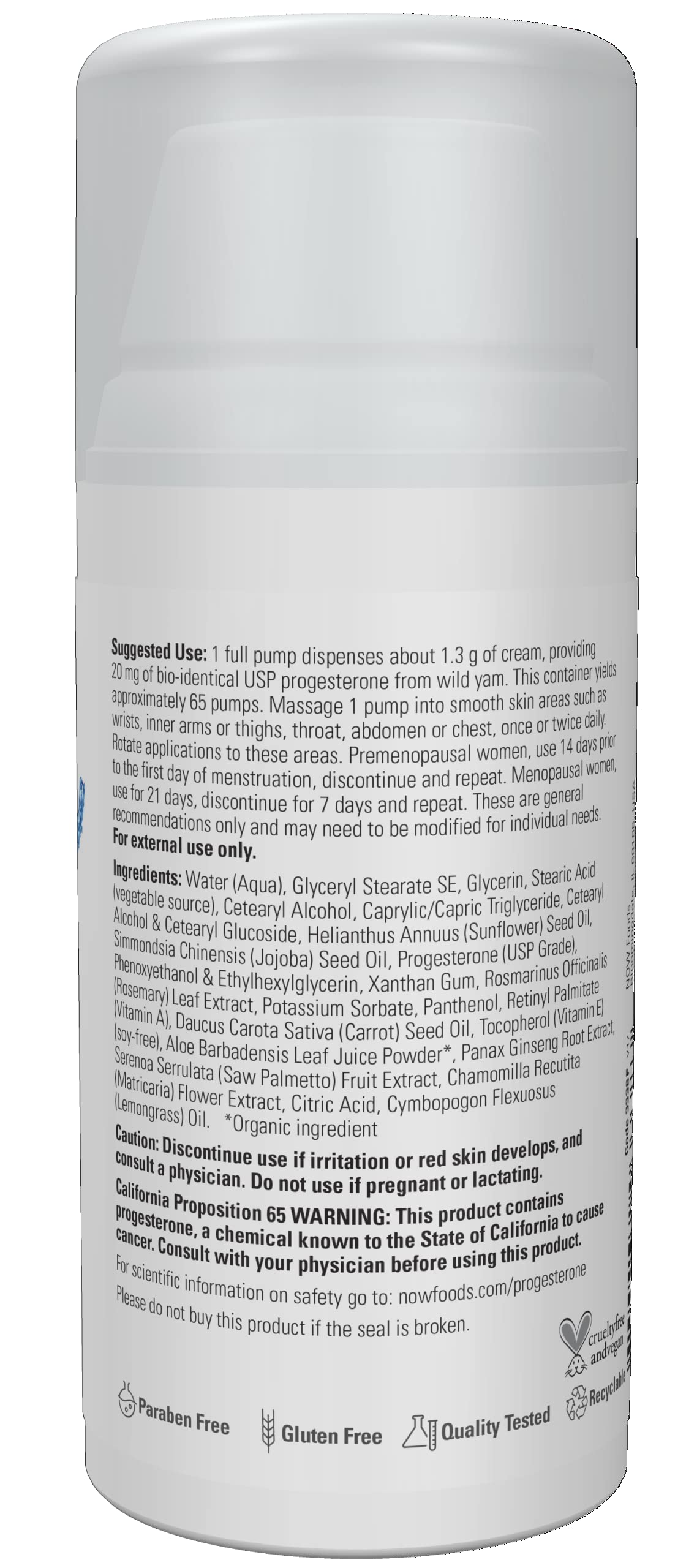 NOW Solutions, Natural Progesterone, Balancing Skin Cream, 20 mg of Natural Progesterone Per Pump, Unscented, 3-Ounce
