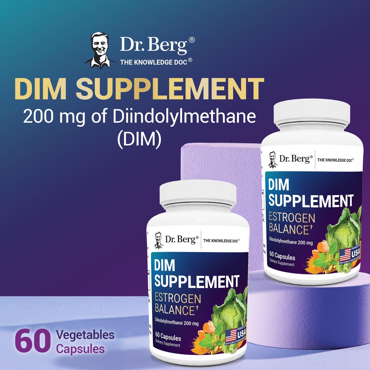 Dr. Berg DIM Supplement Estrogen Balance - Original Estrogen Supplement for Women with Diindolylmethane for Menstrual Symptoms & Menopause Relief & Black Pepper for Enhanced Absorption - 60 Capsules